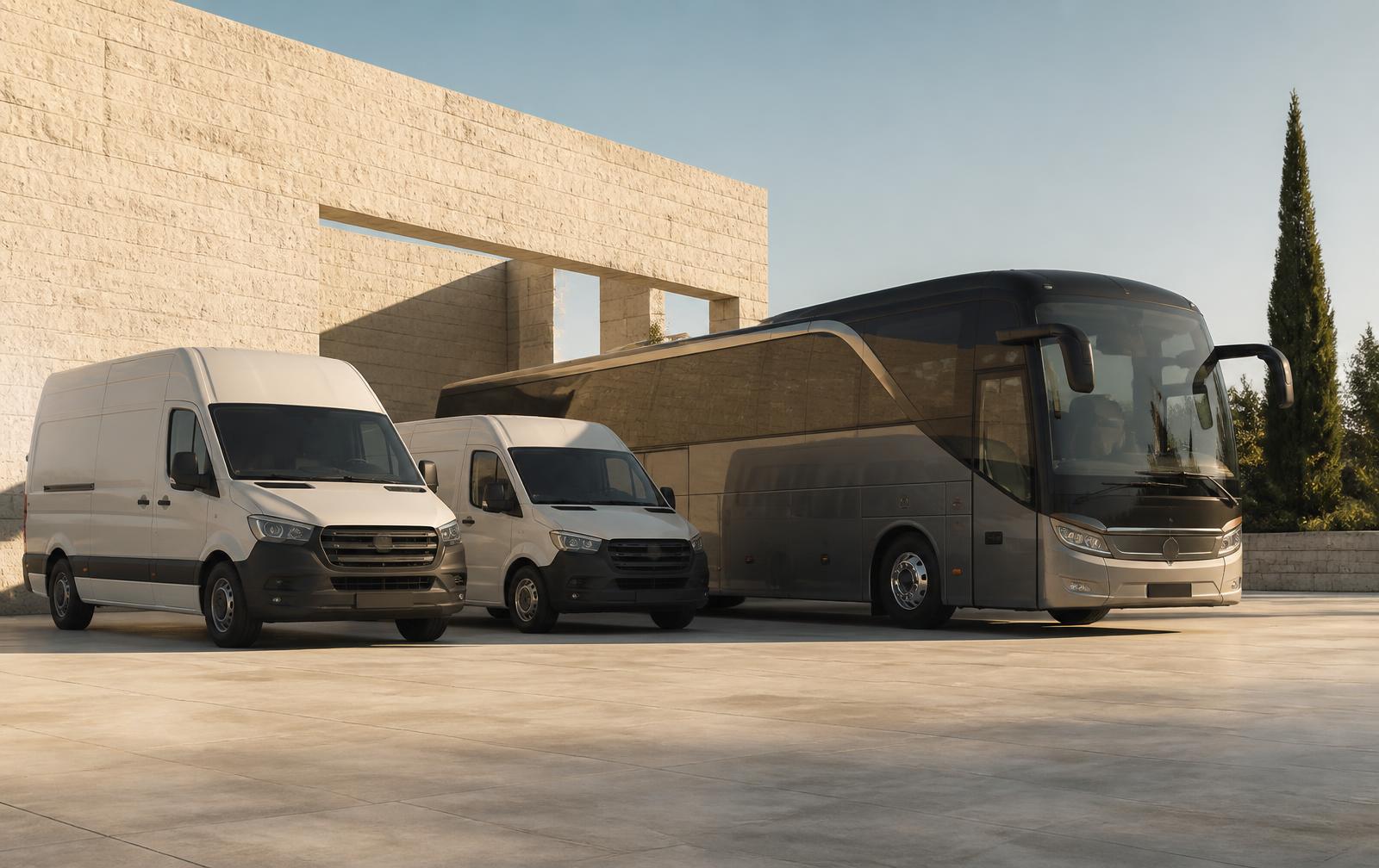 A coach and commercial vans on a forecourt