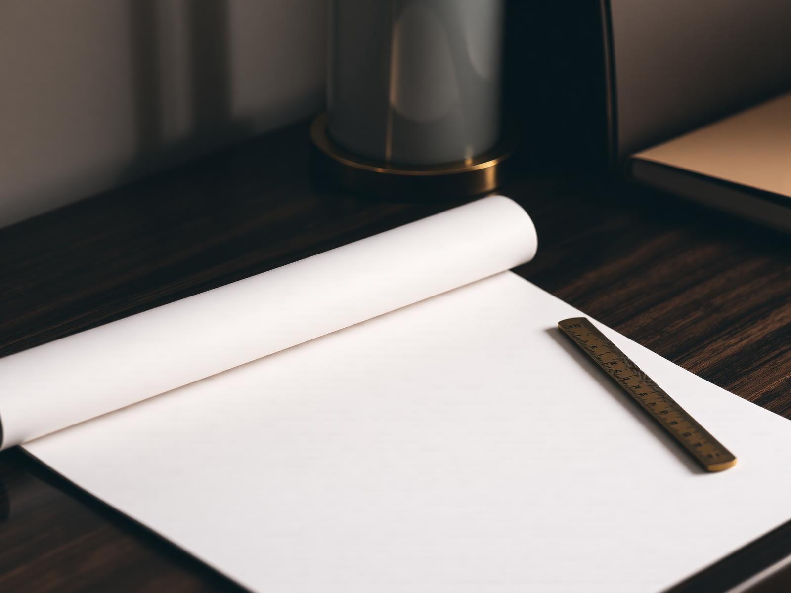 Architectural drawings and a brass ruler on a dark desk