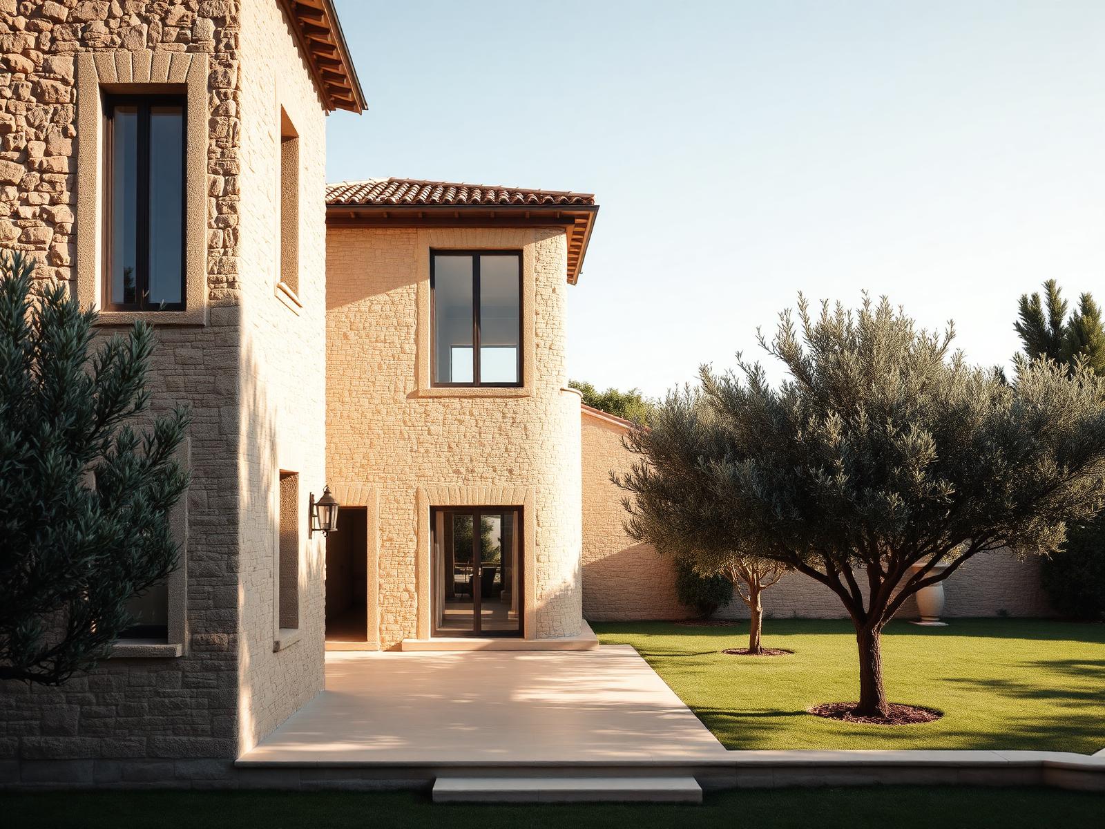 Natural stone residence with olive trees in a Mediterranean garden