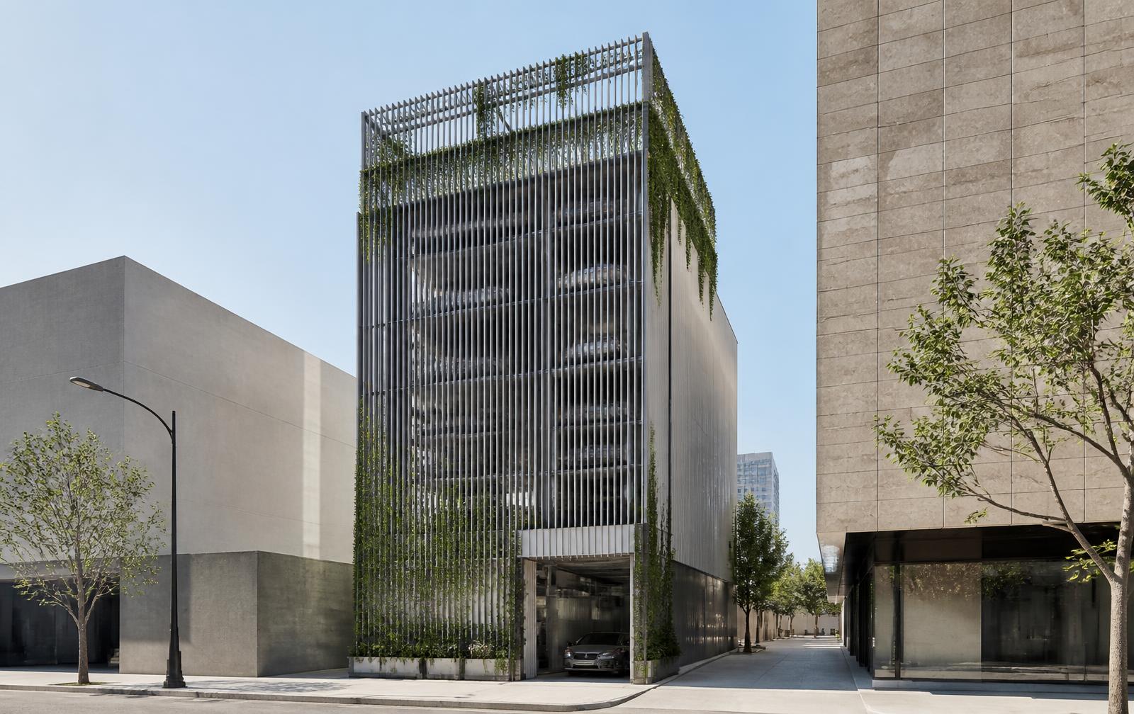 A vertical parking system on an urban plot
