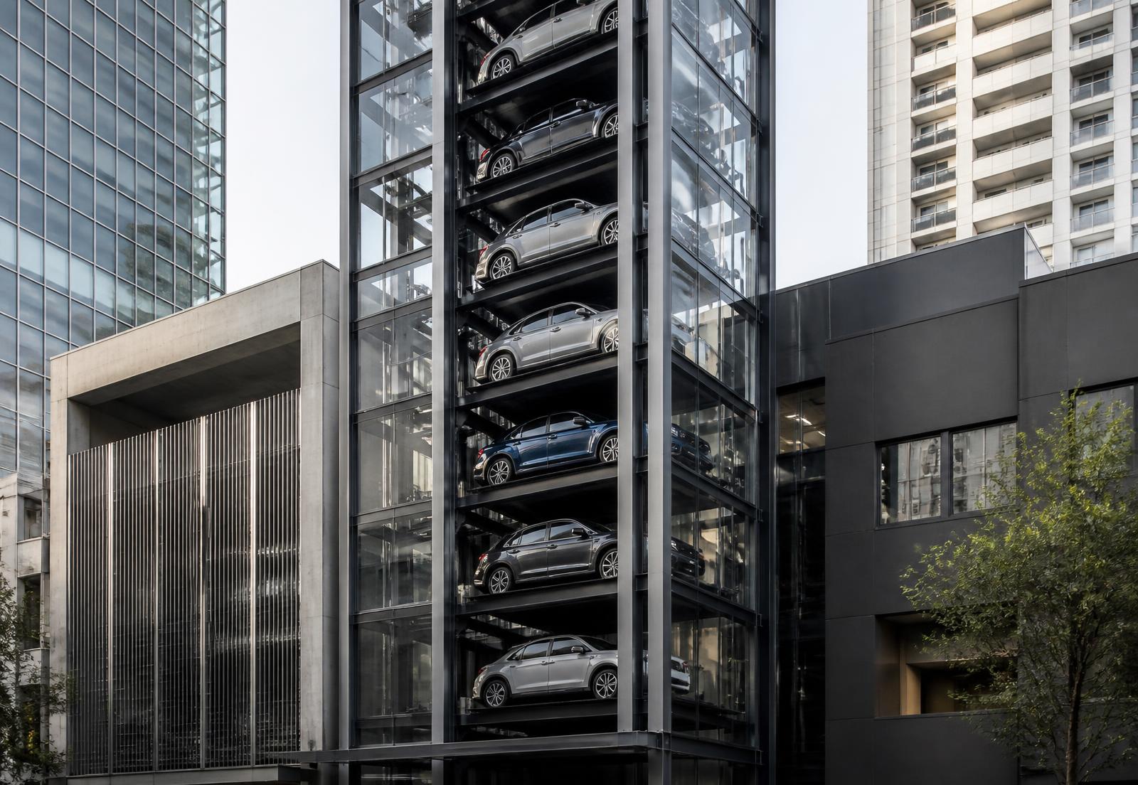 A vertical urban parking structure in steel and glass